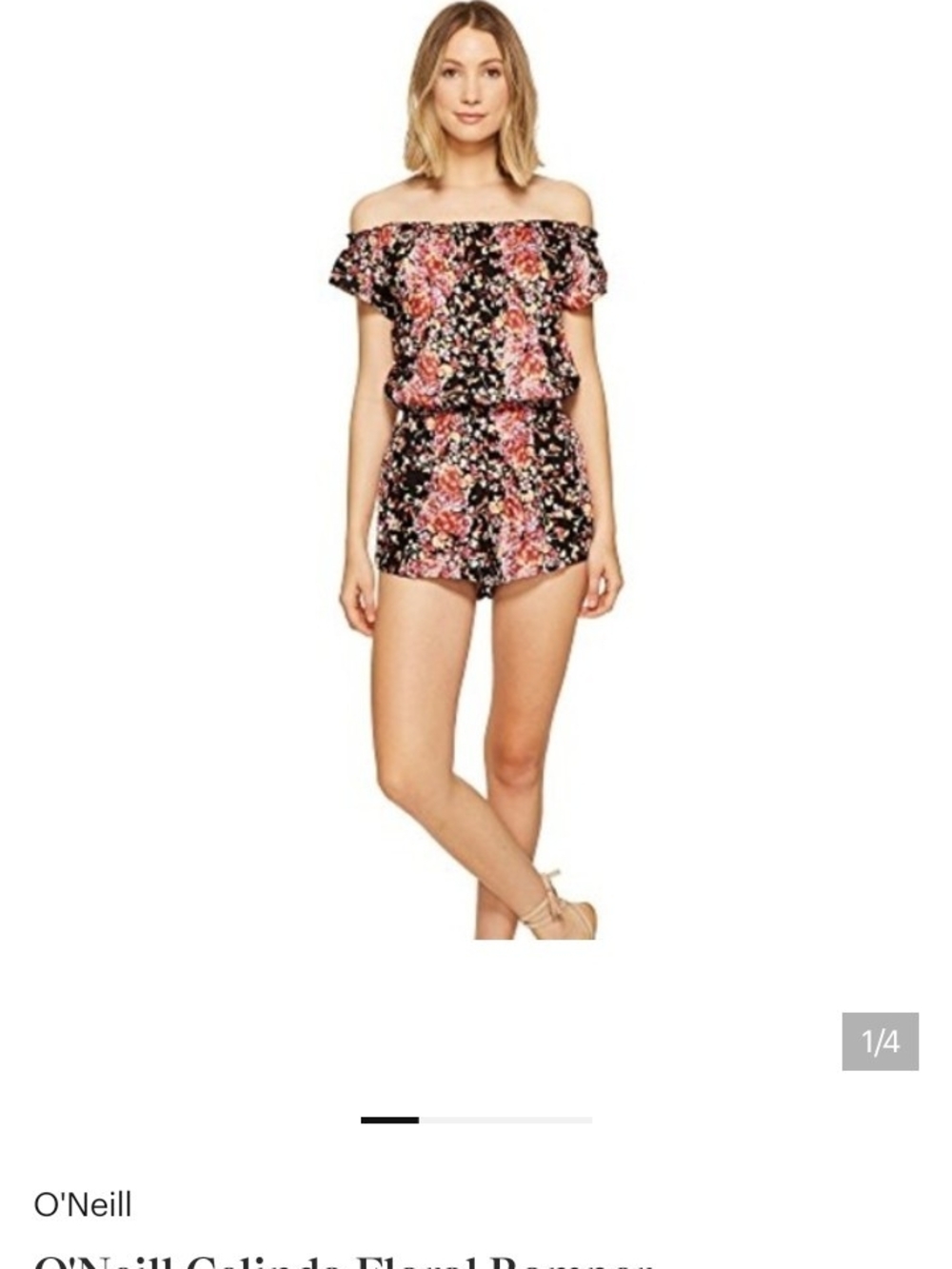 O'Neill Black Floral Off-Shoulder Romper with Pink Blooms